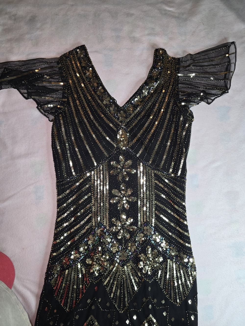 Embellished Black & Gold Art Deco Fringe Midi Dress - Picture 3 of 10
